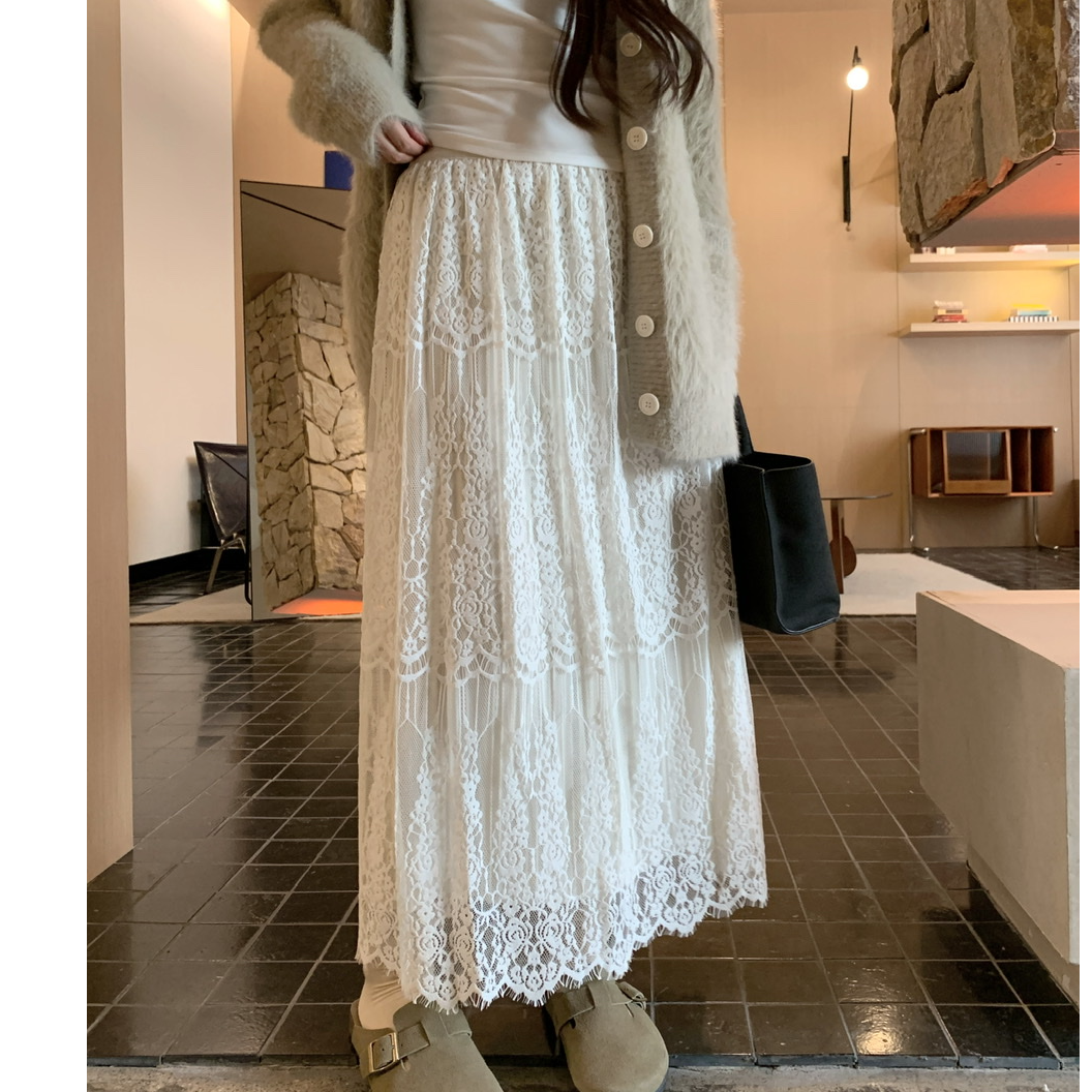 (正反两穿)韩系简约设计感蕾丝毛呢直筒气质优雅加厚显瘦半身长裙