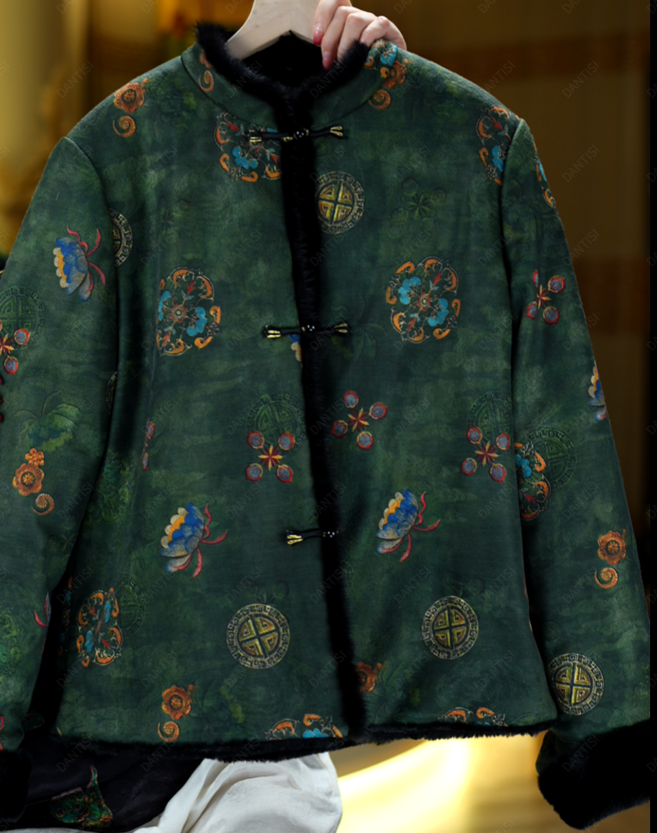 枕星<<非遗美学>>2066新中式国风复古提花水貂双面可穿蚕丝棉袄