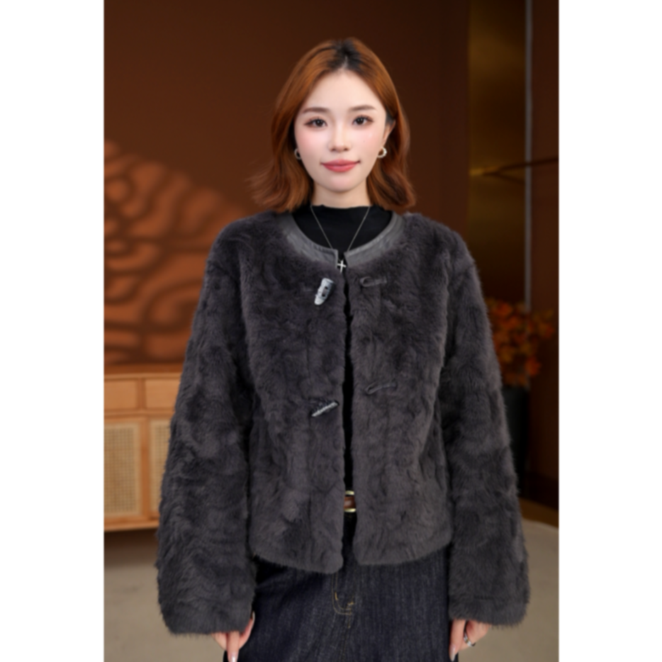 【MU沐】新款宽松外套立领短款保暖女士轻奢拼接女装复古牛角扣