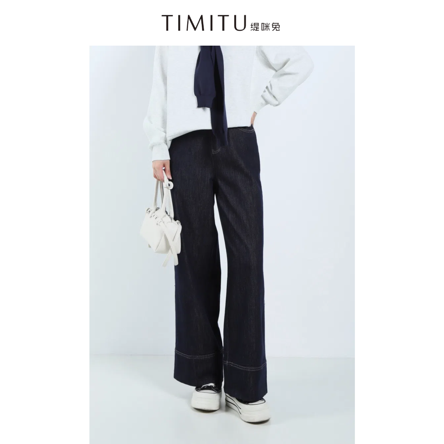 TIMITU缇咪兔高级美式原牛色明线直筒宽边九分牛仔裤34329001