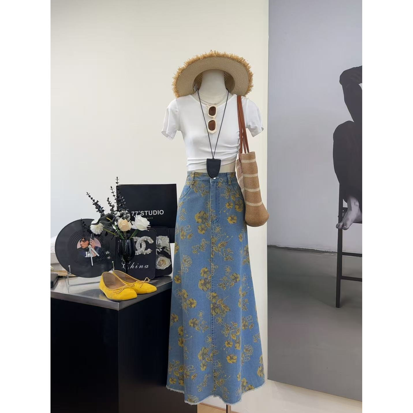 【轻奢大气】显瘦黄花印花大摆加长牛仔半身裙甜美百搭套装-6933