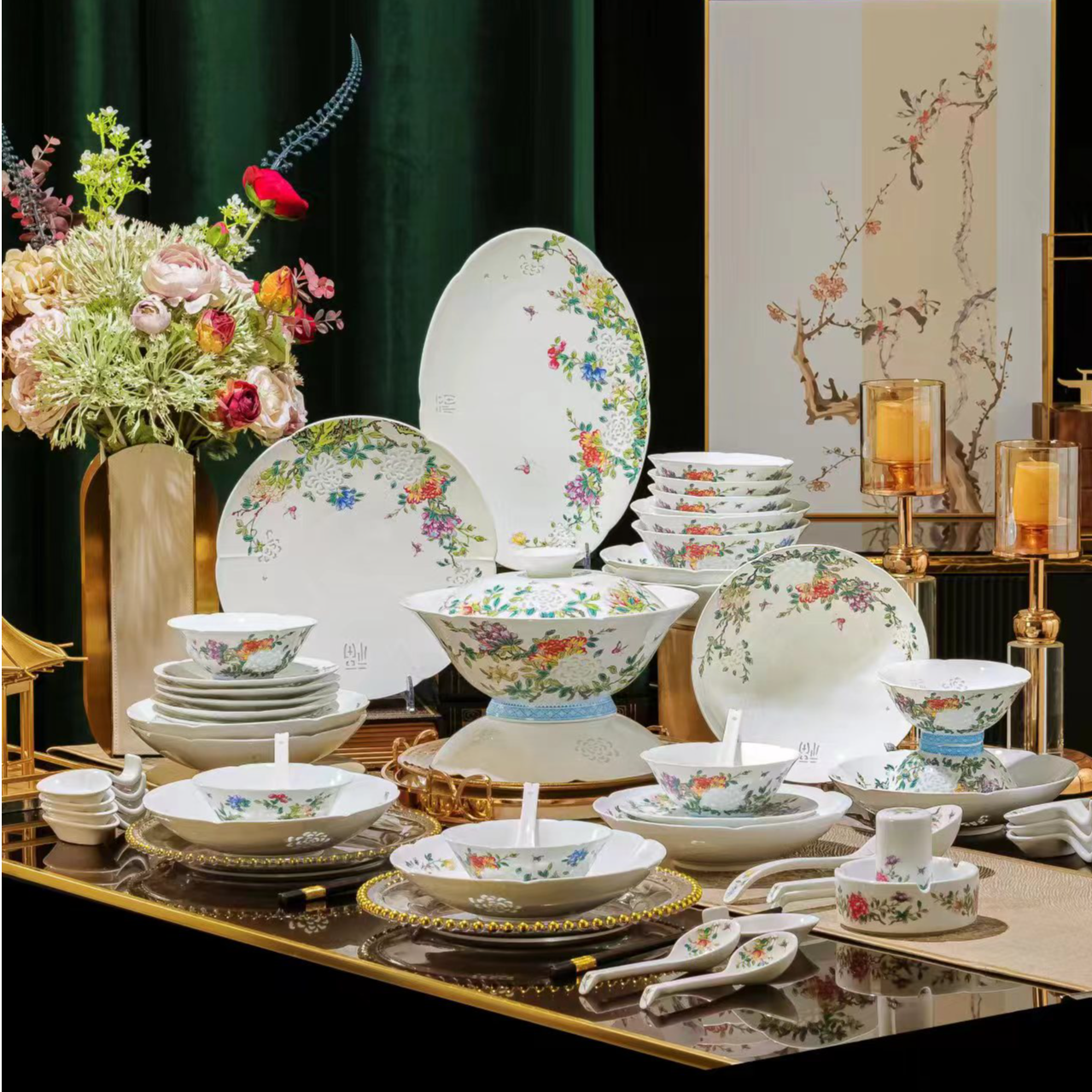 正宗景德镇高白泥68头冰艳玲珑瓷碗盘碟套装送人送礼乔迁搬家