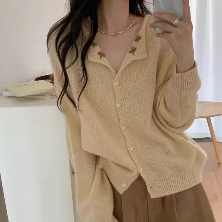 K2186 韩系立体花朵刺绣针织黄色开衫