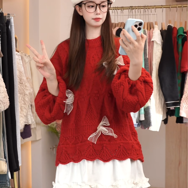 甜美假两件重工款厚毛衣