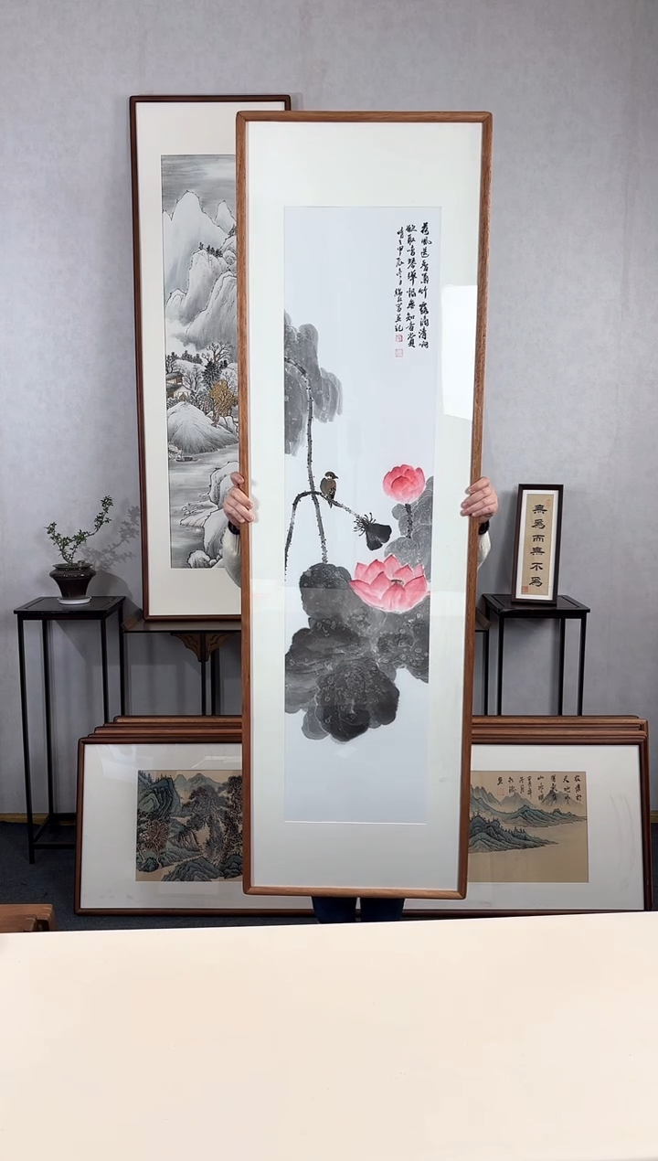 【闪购商品】国画手绘*荷花竖幅*52*172cm实木框