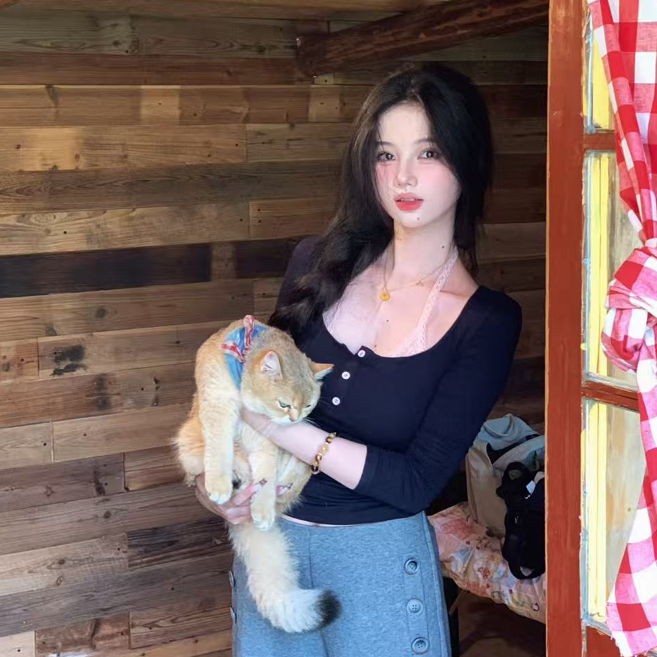 刘德瓜LDG【心动信号】亨利领长袖t恤女正肩修身弹力蕾丝花边上衣