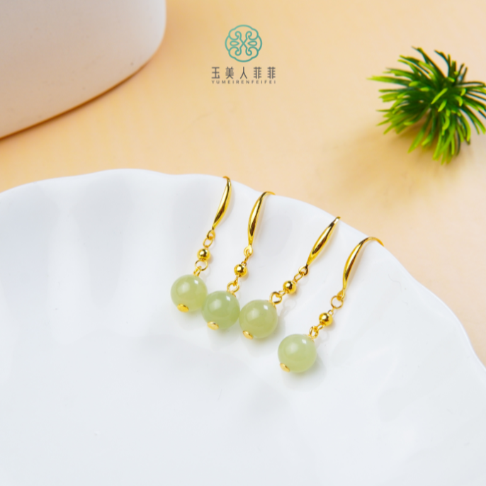 菲菲珠宝好~S925和田玉圆珠耳坠约8mm-多样性发一