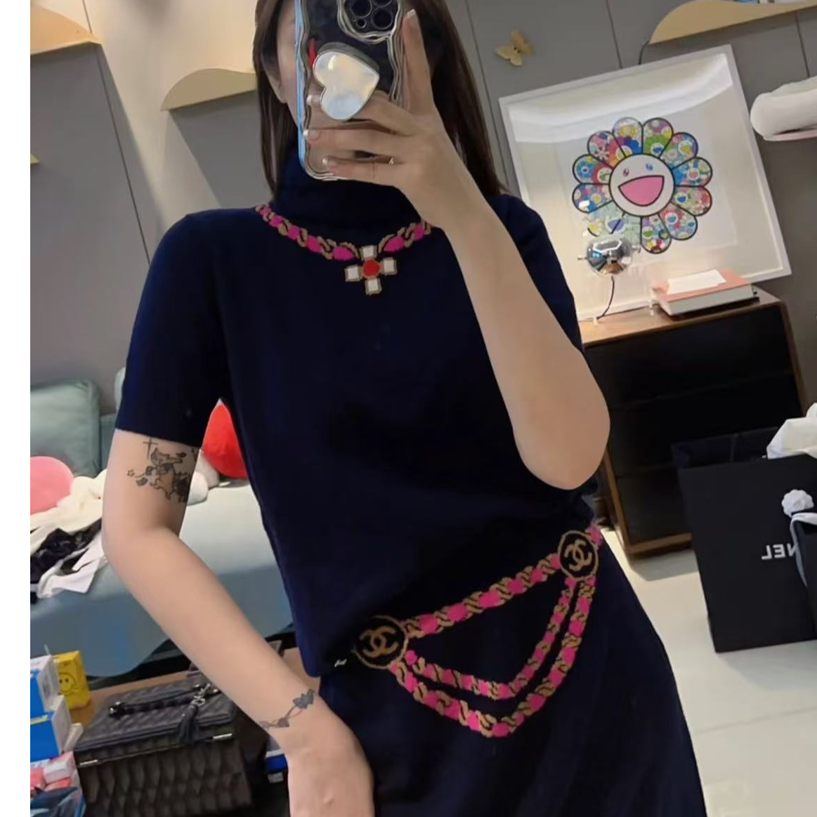 99新 Chanel/香奈儿 23N藏青色高领短袖羊绒上衣34码