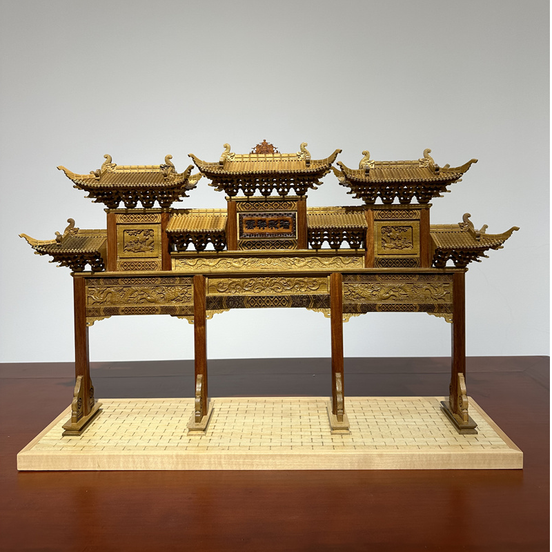 中式东阳木雕古建筑模型三门牌楼模型客厅办公室书房桌面摆件礼品