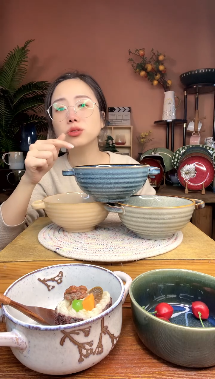 陶瓷6英寸双耳碗 3件 微瑕疵