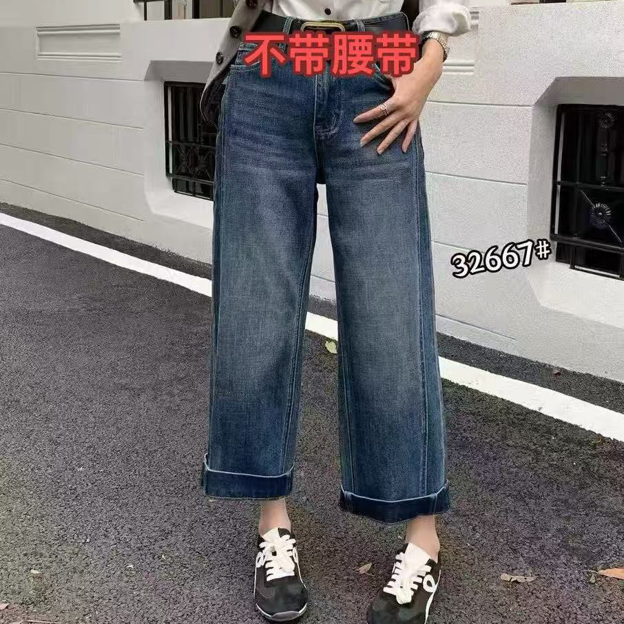 8179秋款简约百搭直筒挽边牛仔裤