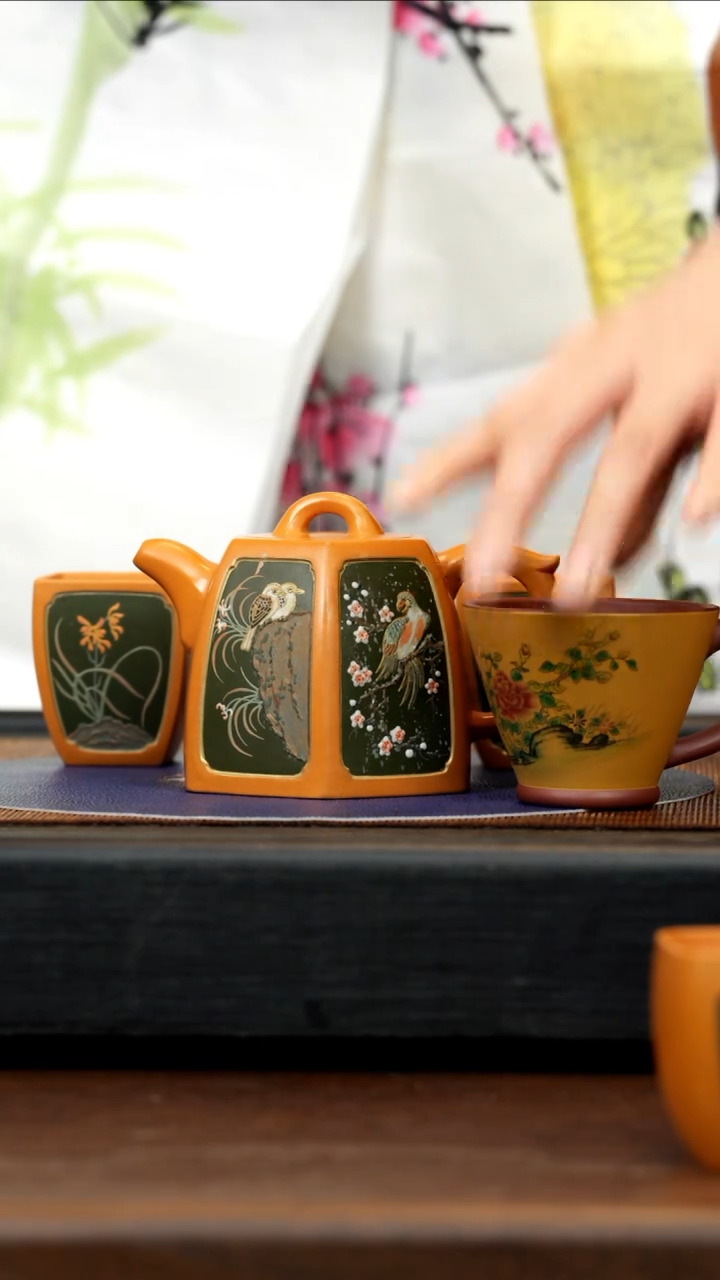【闪购商品】紫砂茶壶SJK 橘黄砂 六方井栏套组 300cc