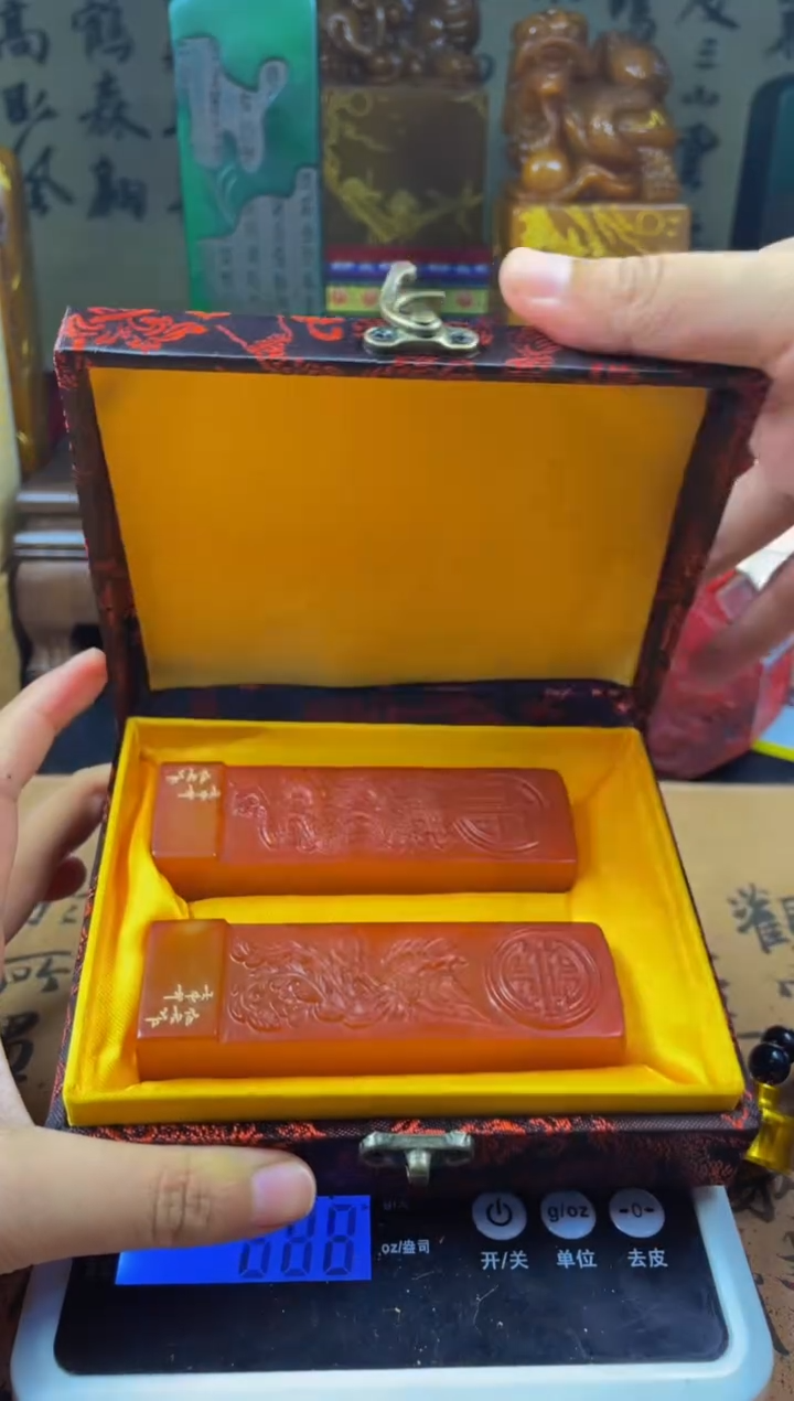 寿山石印石红田福寿双全龙凤对章