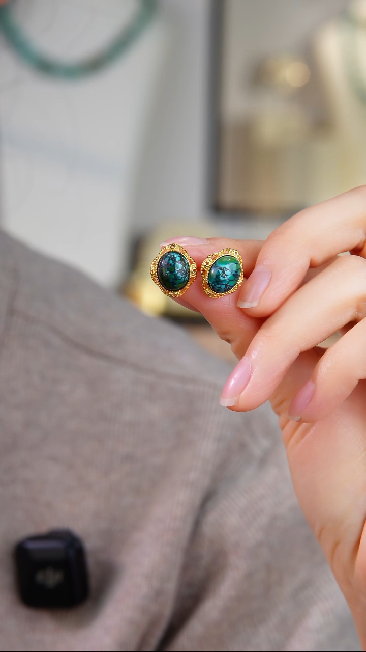 银S925镀金镶嵌绿松石耳饰多样性发货