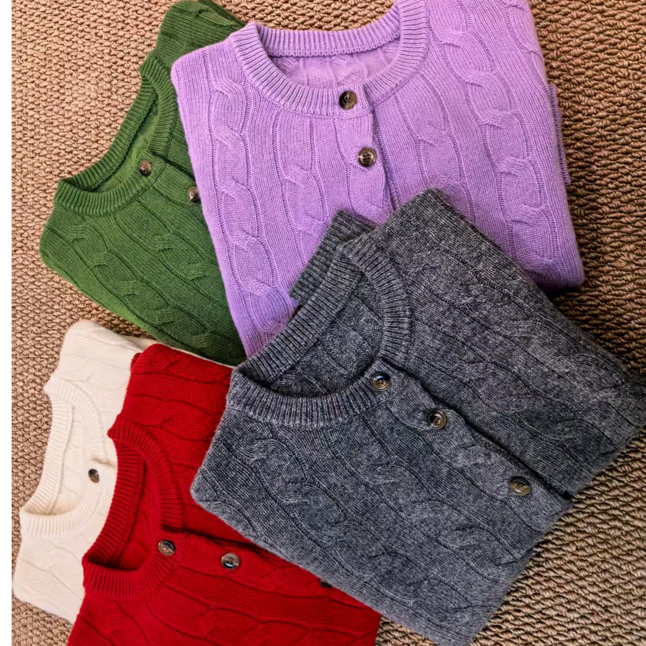 {独优}秋冬厚实圆领麻花纽扣针织开衫毛衣