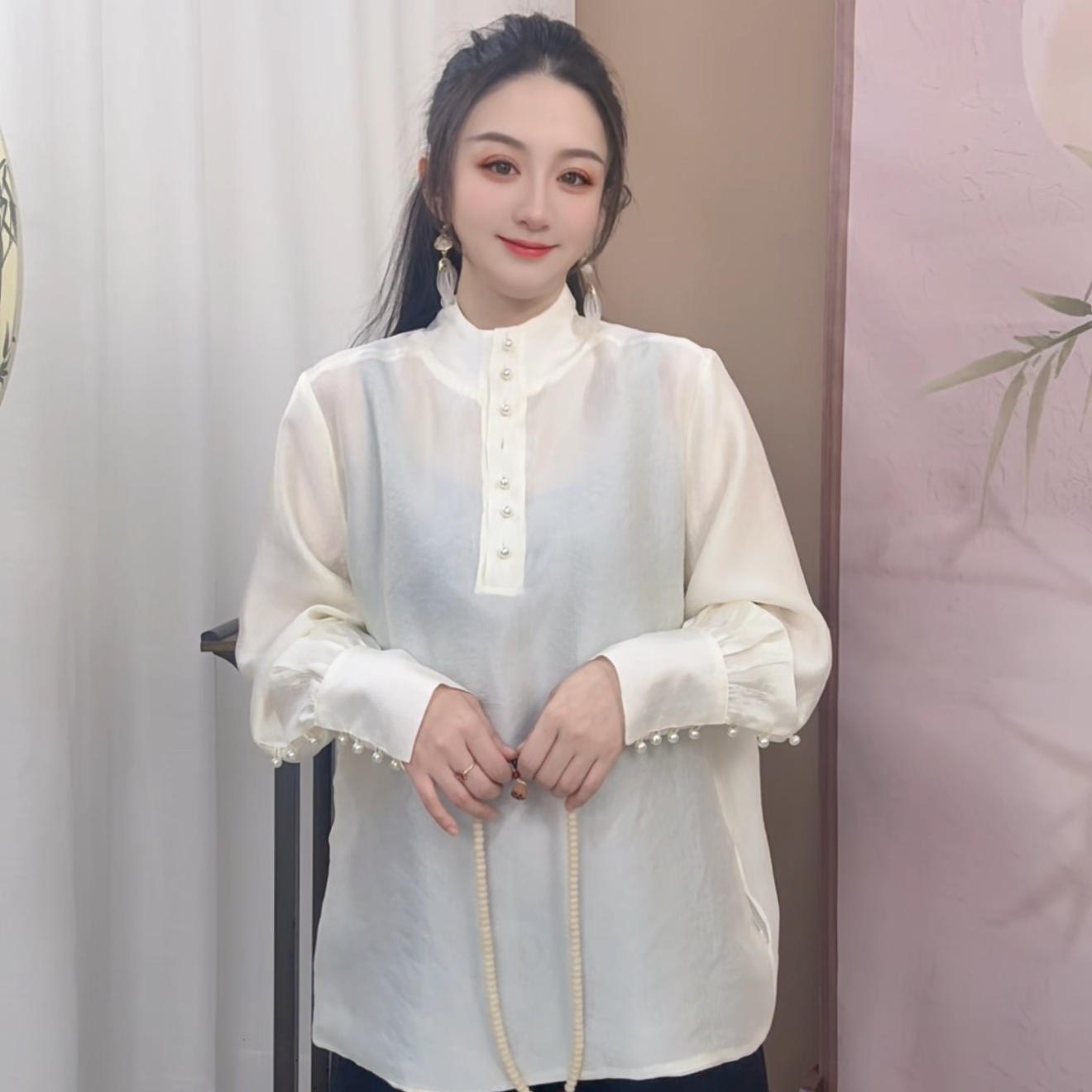 【珠光幻影】四季新款中式轻纱长袖高级百搭国风正反两穿打底小衫