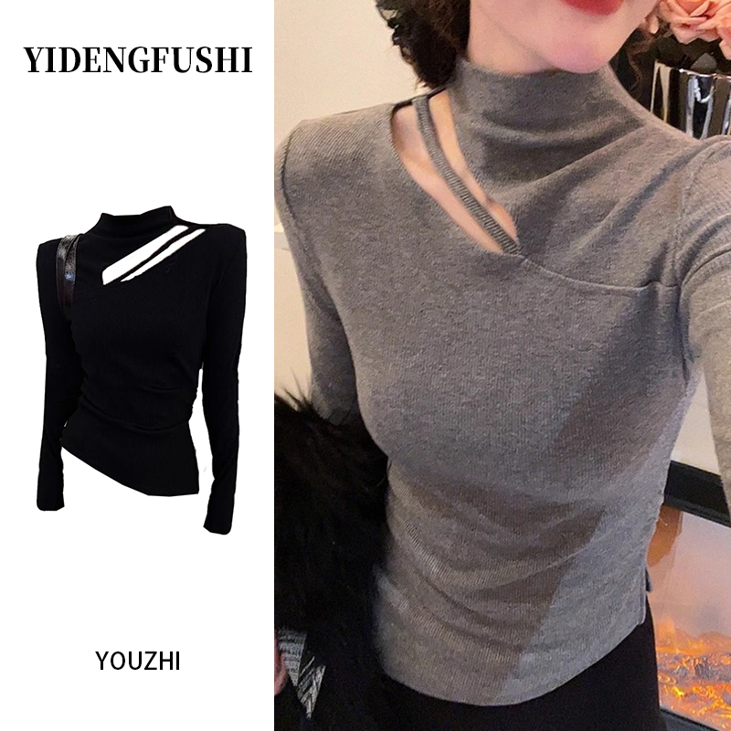设计感镂空性感气质半高领长袖T恤女秋冬修身内搭加绒打底衫上衣