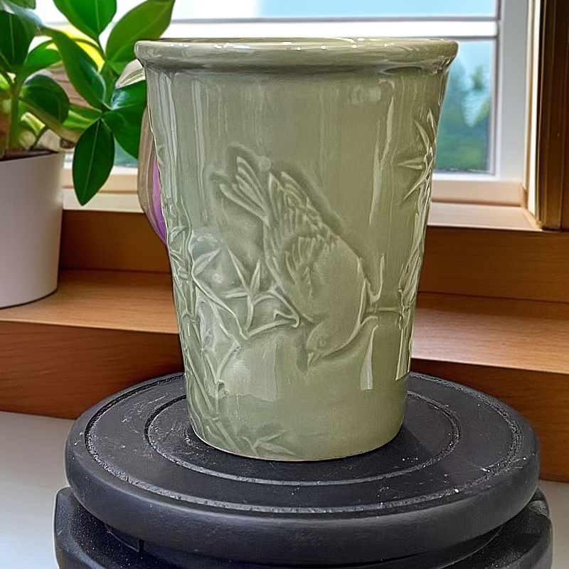 微瑕耀州窑秘色青瓷刻花喜鹊报喜竹节可乐杯复古啤酒杯大容量