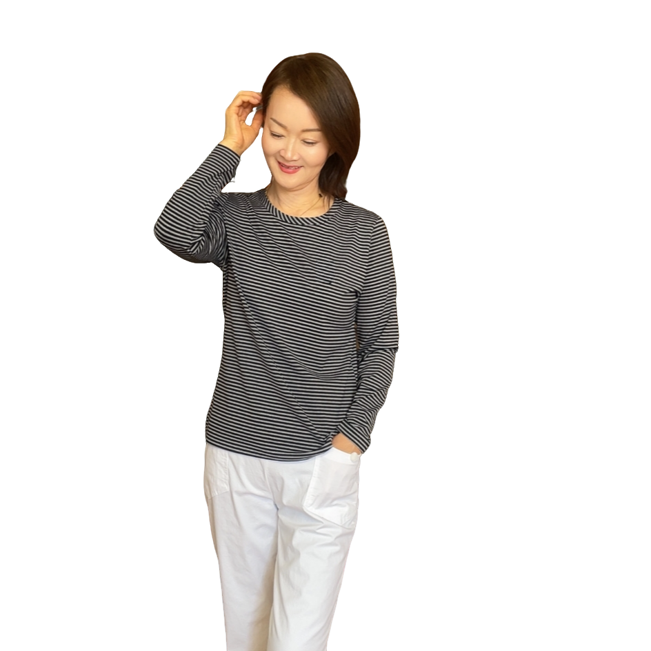 【延姐服饰2】新款韩国圆领长袖百搭经典条纹女士打底衫上衣