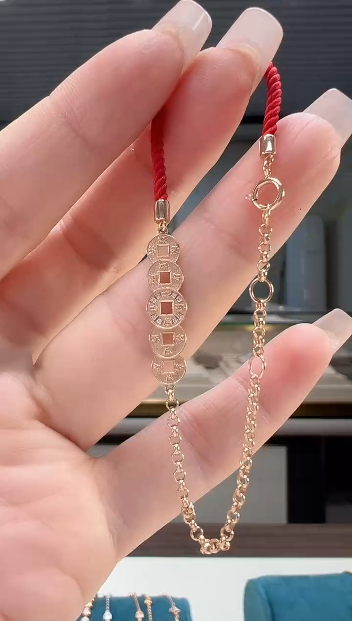 【闪购商品】钻石手链18K金镶嵌镶钻铜钱红绳手链K红