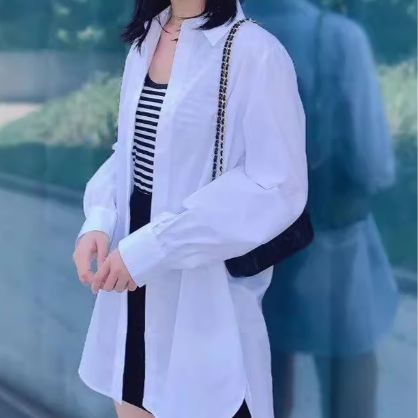 AMASS/阿玛施百搭海鸥领中衬衫领背心黑色长款长袖衬衫5300701