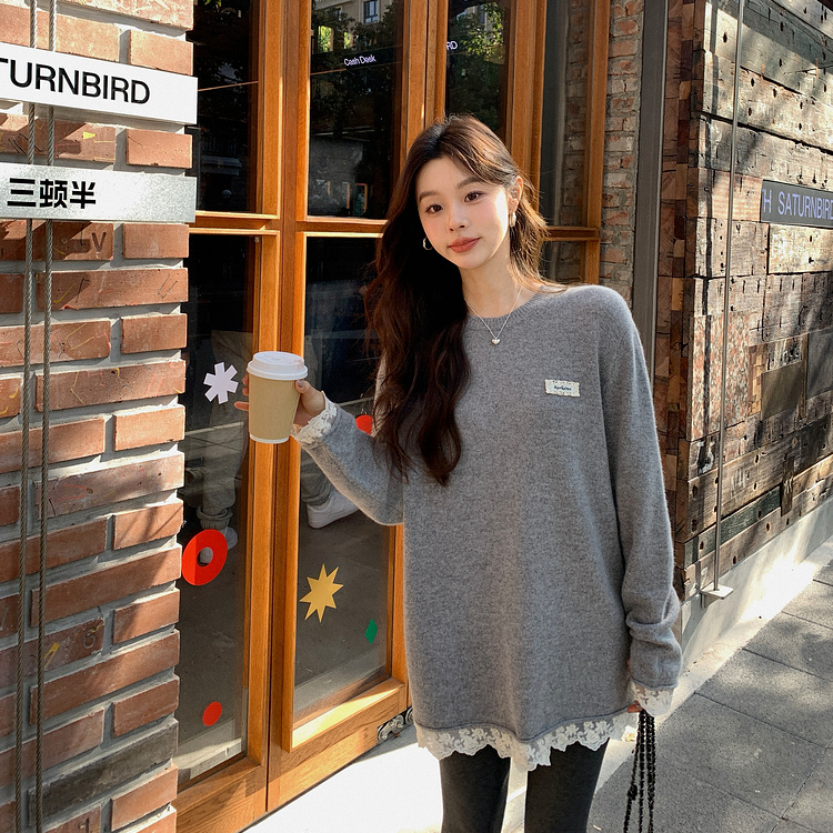 大码女装秋冬新款圆领拼接蕾丝针织衫独特设计宽松长袖上衣1966