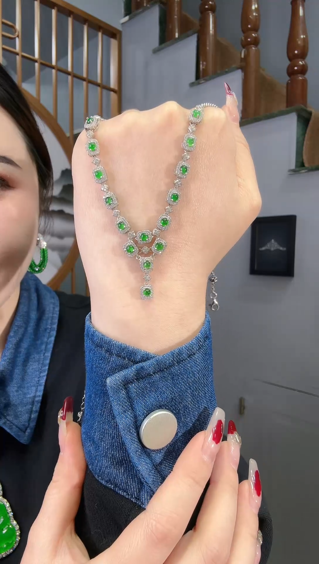 【闪购商品】翡翠颈饰银S925镶嵌套装链天然A货翡翠