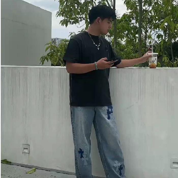 美式高街水洗十字架拼皮牛仔直筒裤EP2191