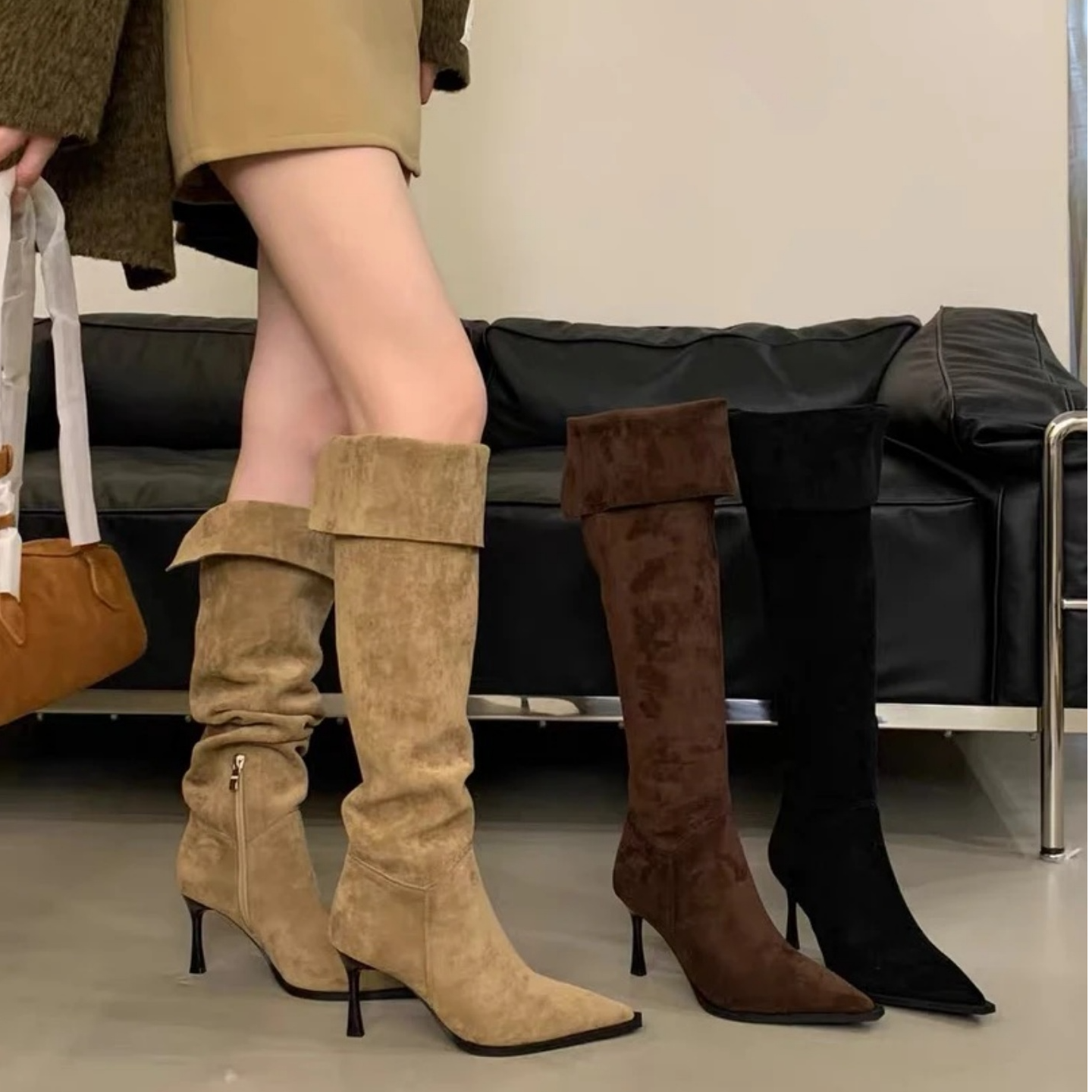 胖mm过膝长靴女大筒围高筒靴2025秋冬新款尖头高跟褶皱靴堆堆靴女