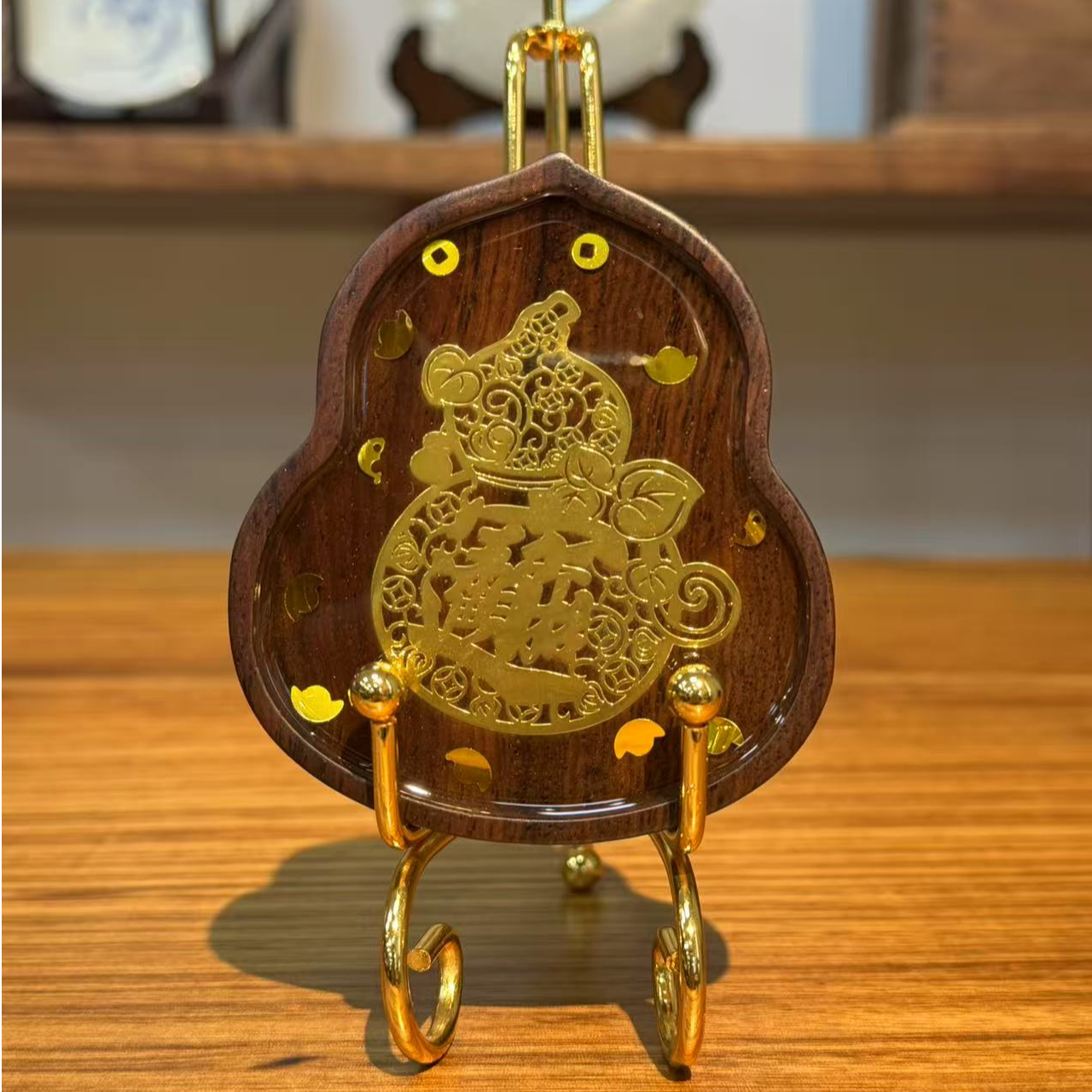 龙福木艺黑檀木金葫芦螺钿杯垫9.8.1cm¥60