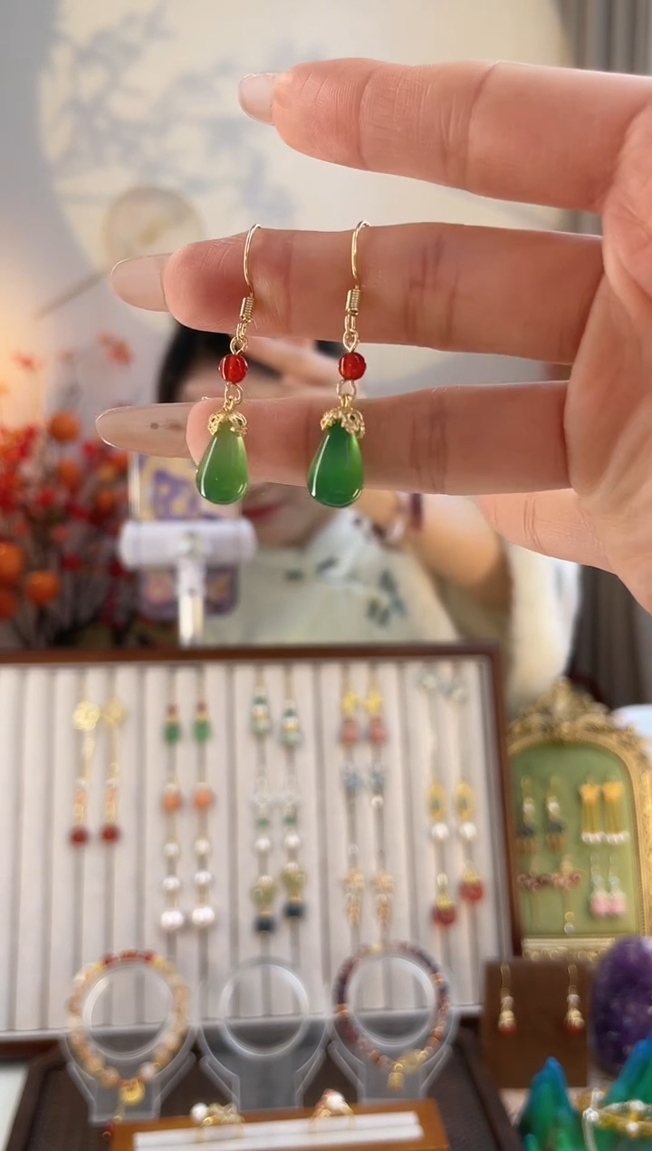 铜合金925银锆石1-2 绿肥红瘦耳钉