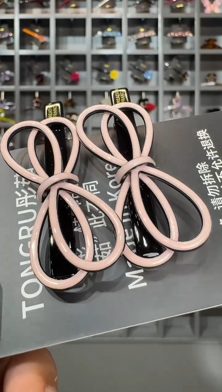 非金属醋酸醋酸韩国品牌发饰6.3cm线条蝴蝶结鸭嘴边夹一对粉色