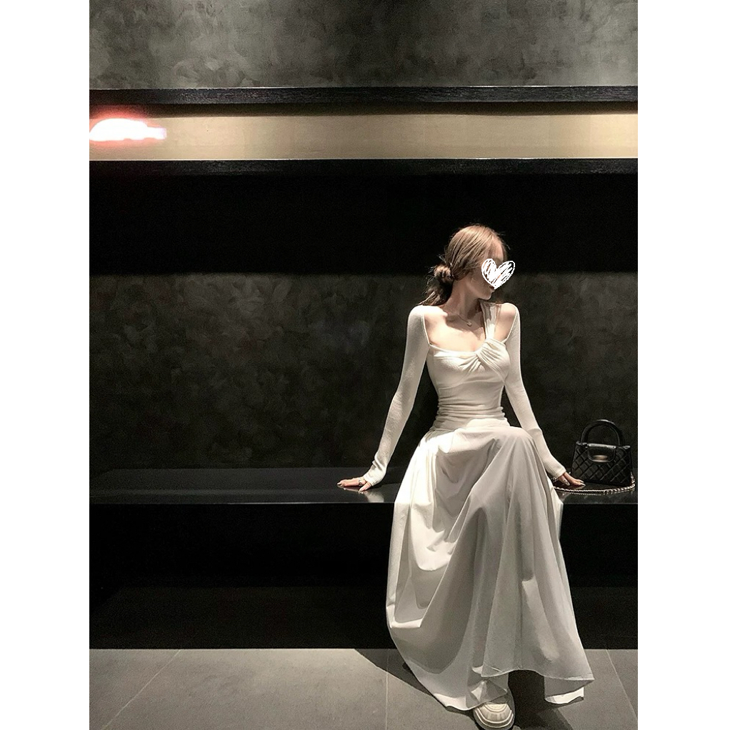 清冷艺术生 秋季设计感镂空针织拼接连衣裙女气质长裙子D891