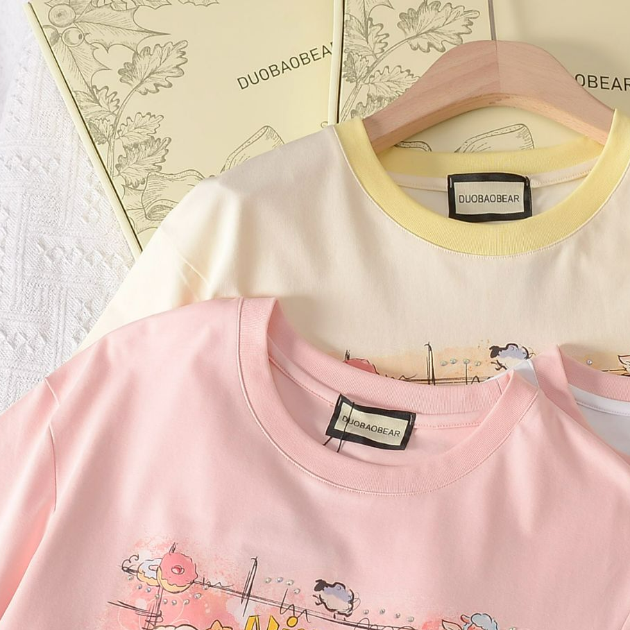 小雅姐姐 韩版治愈小羊烫钻撞色休闲短袖T恤IS74