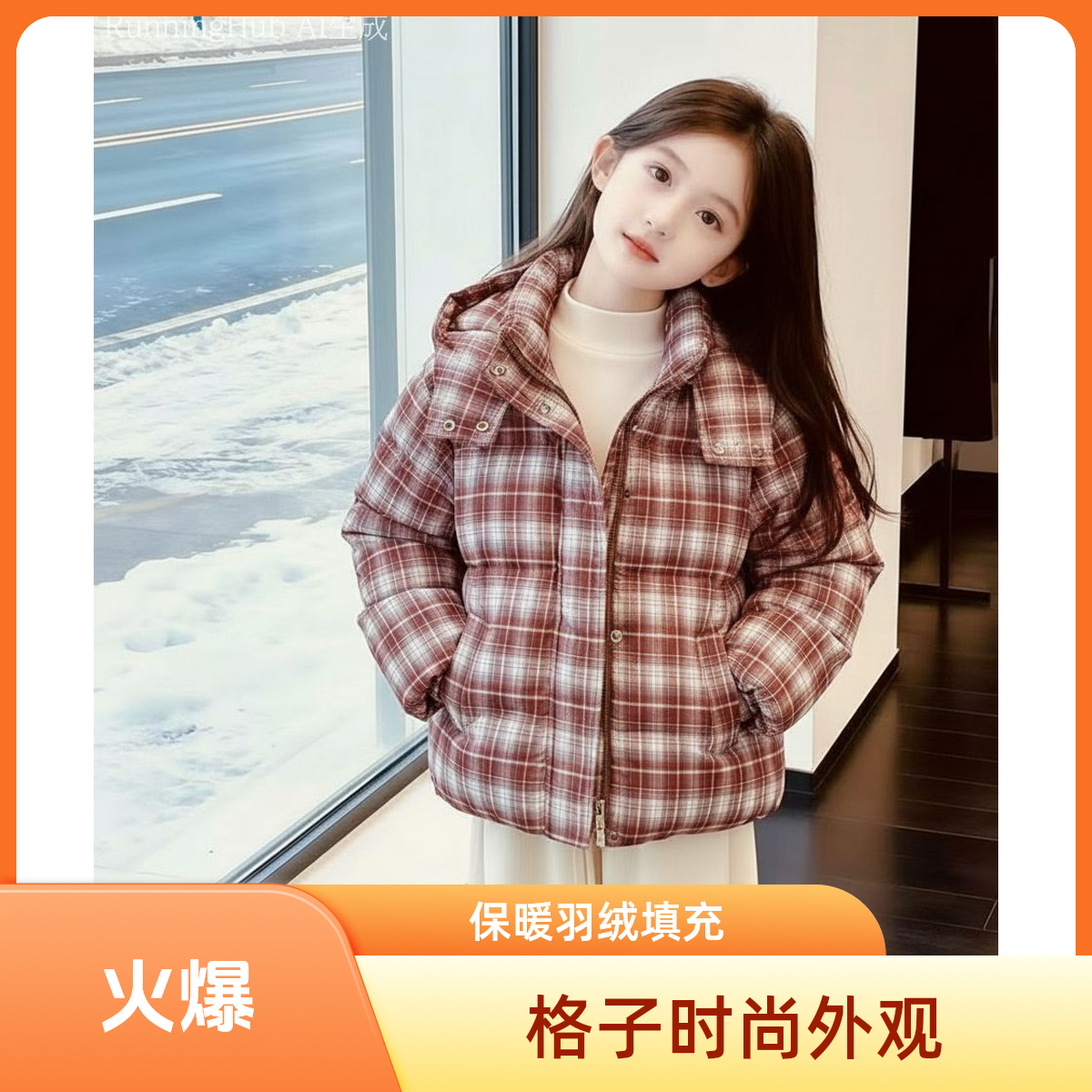 2026年新款格子棉服中大童女童棉袄韩版加绒加厚衣服潮