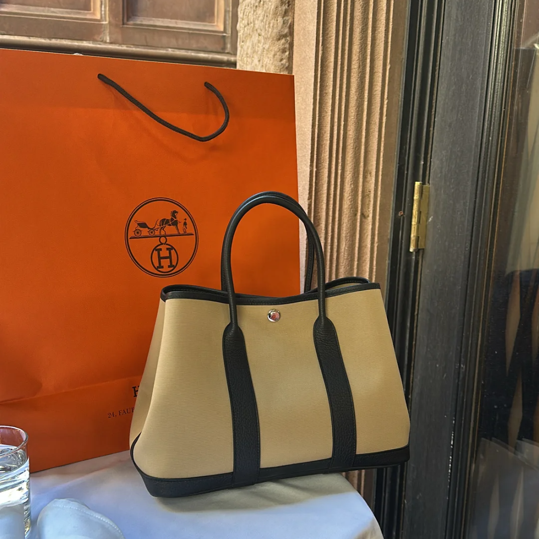 99新 Hermes/爱马仕 小花6欢 花园包 36 风衣灰拼黑色 B刻 银扣