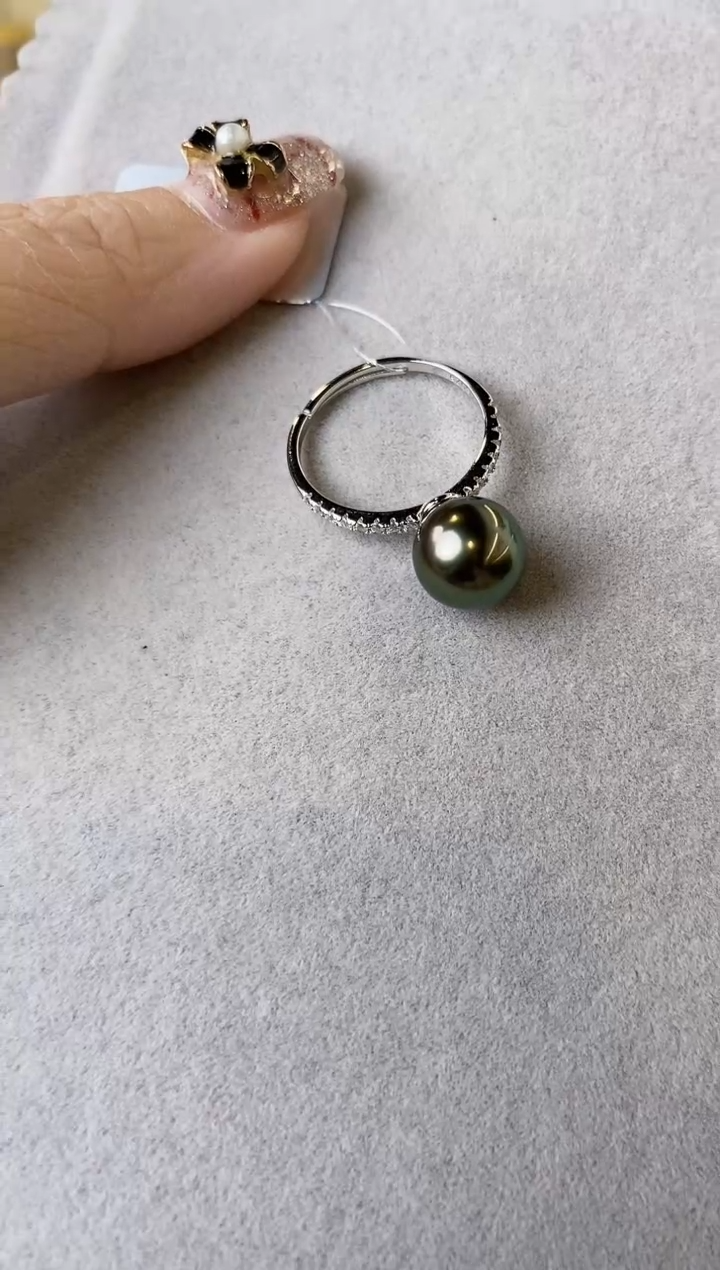 【闪购商品】海水珍珠戒指银S925镶嵌9-10大溪地黑珍珠戒指
