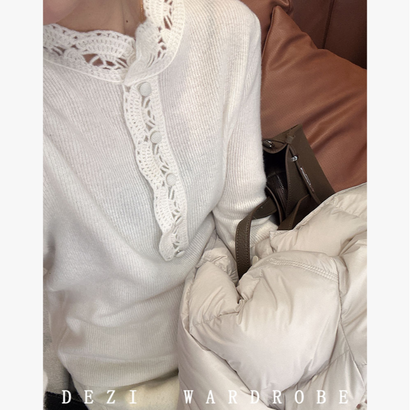 DEZI100羊毛柔白蕾丝花边针织衫细腻亲肤温柔风打底衫D68599
