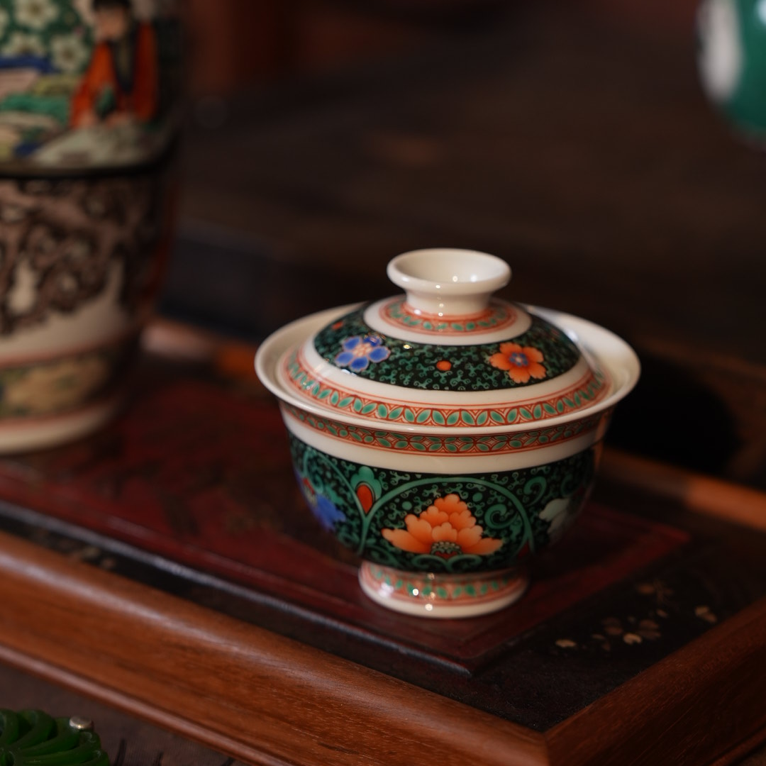 古阅和风黑帝盖碗宝箱宝象茶碗茶器茶具陶瓷瓷器古彩釉上彩