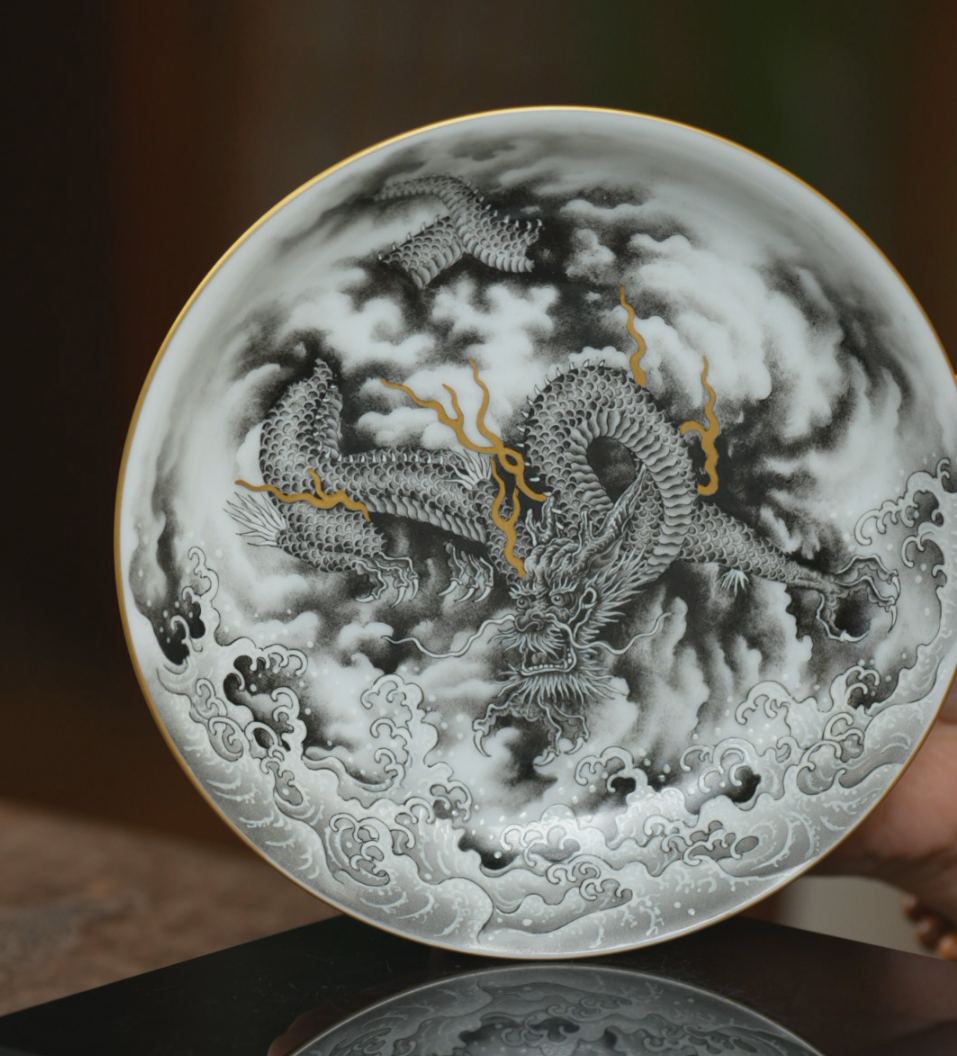 麟波阁丨景德镇手绘墨龙描金壶承茶具壶承