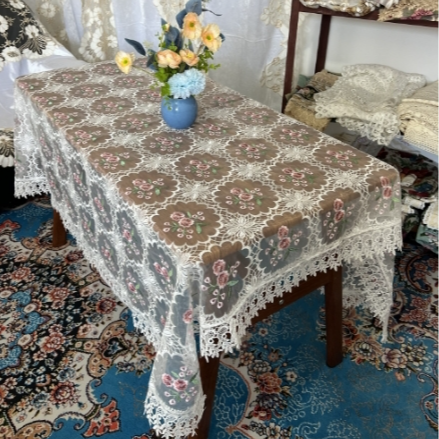 ZN040-60丝光线【155*155】白底粉桃花水溶花边桌布茶几布