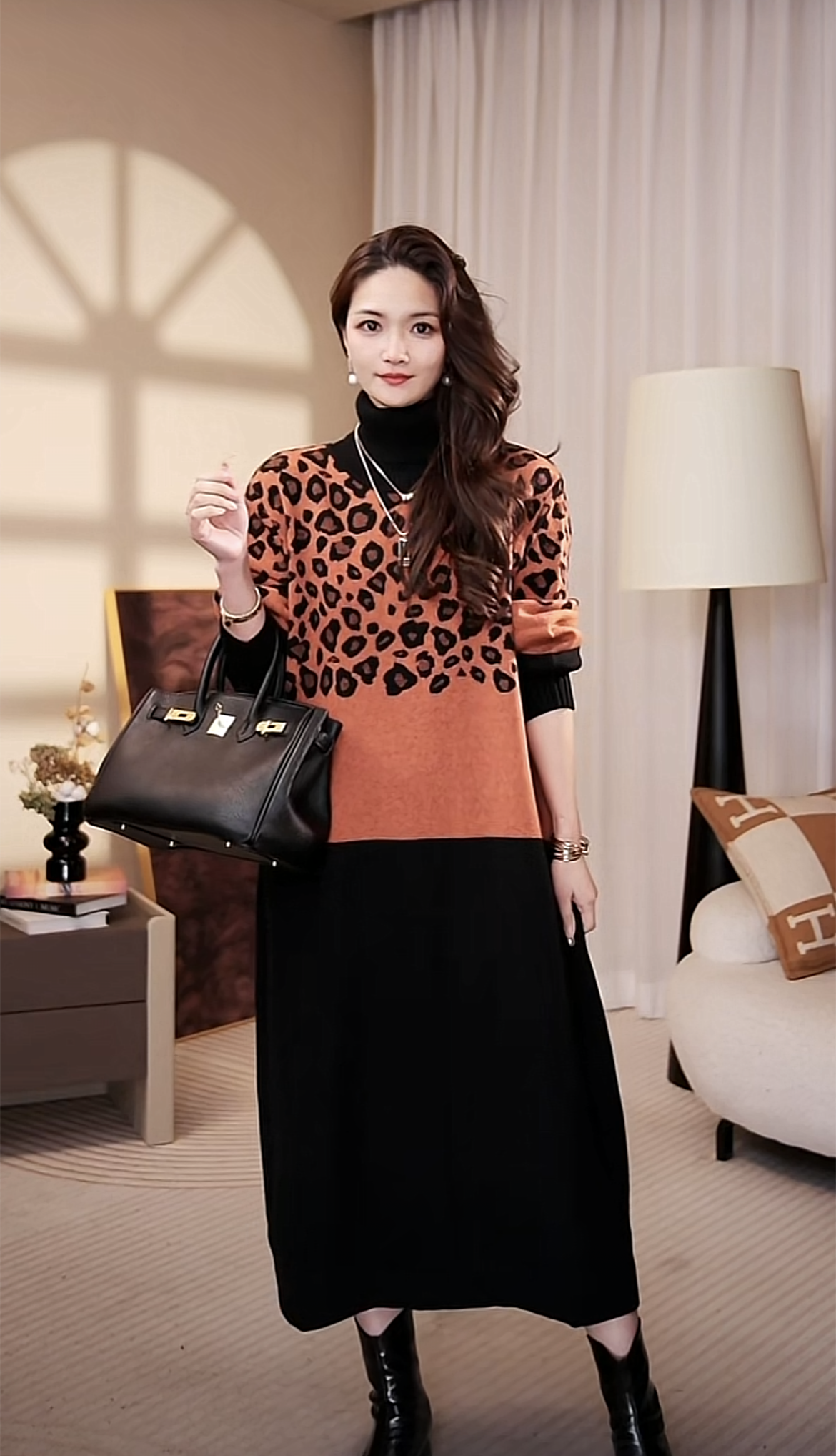 高翻领[金桔豹]冬季加厚长袖保暖高领毛衣打底连衣裙-1251#