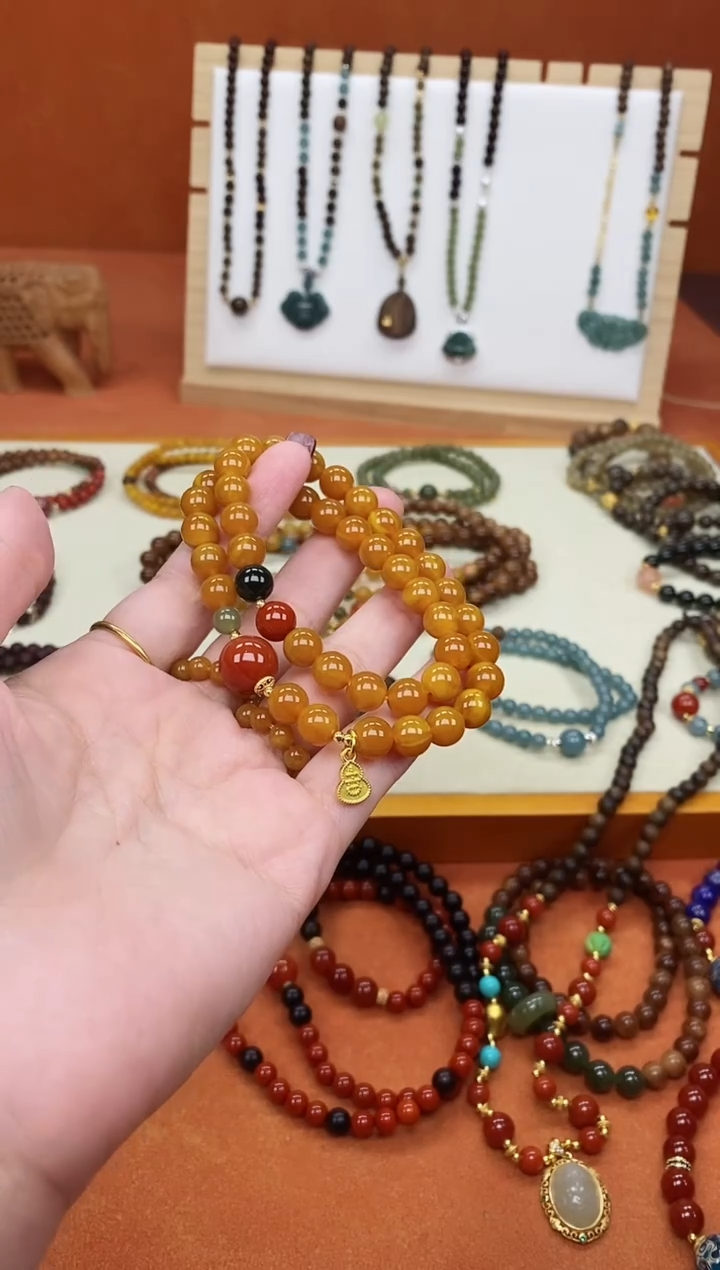 手链蜜蜡未镶嵌双圈蜜蜡和田南红手串