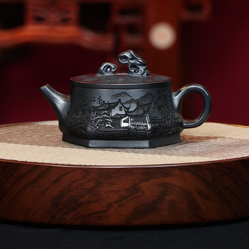 宜兴紫砂 茶壶玄铁石黄 太湖石汉瓦 260cc h001
