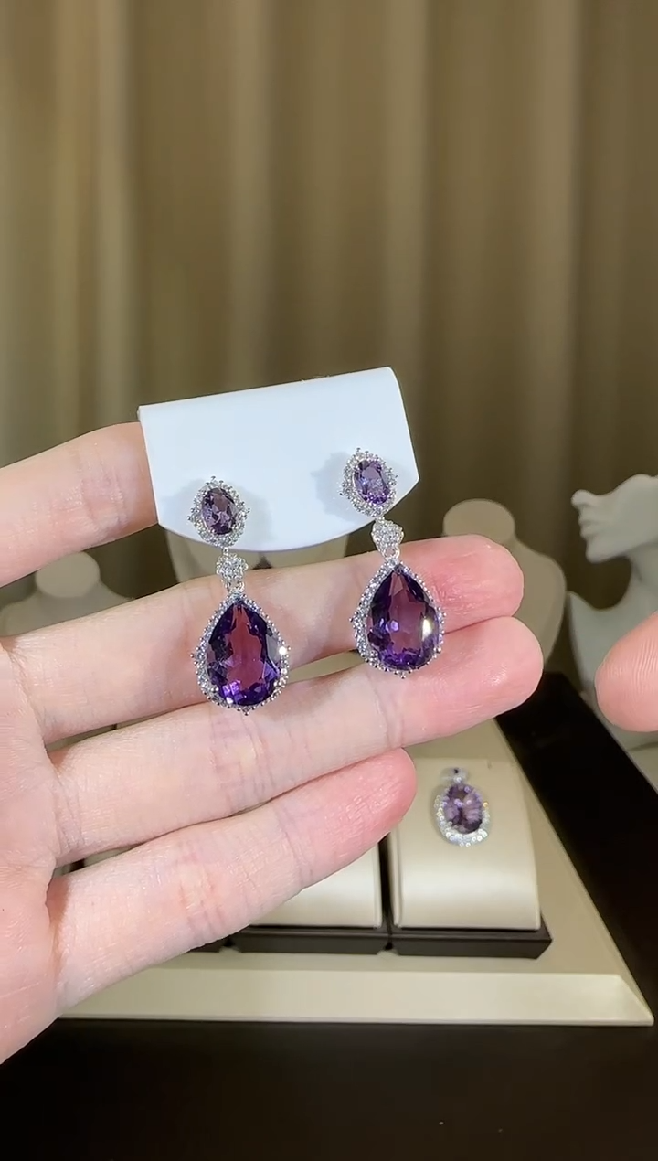 【闪购商品】紫晶耳饰银S925镶嵌10*15mm耳坠