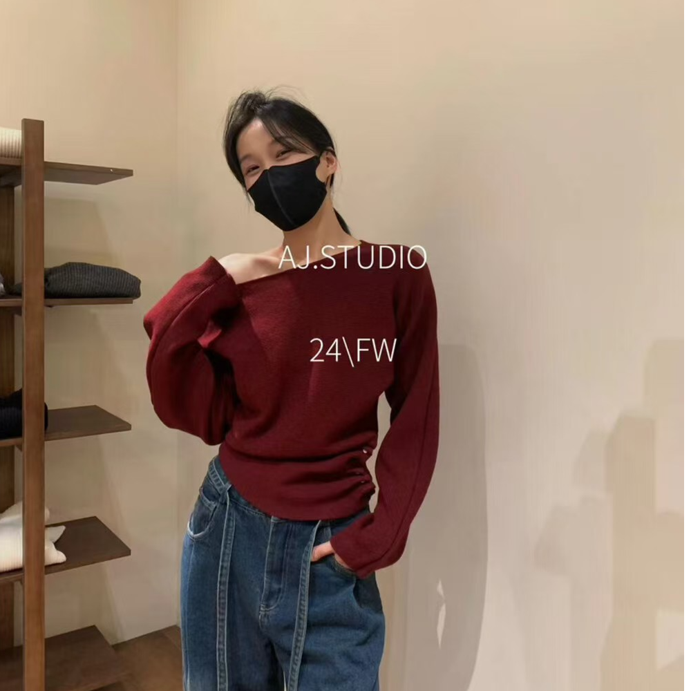 （6-8运贴）小众设计感收腰排扣斜肩针织衫秋季韩系气质显瘦小衫