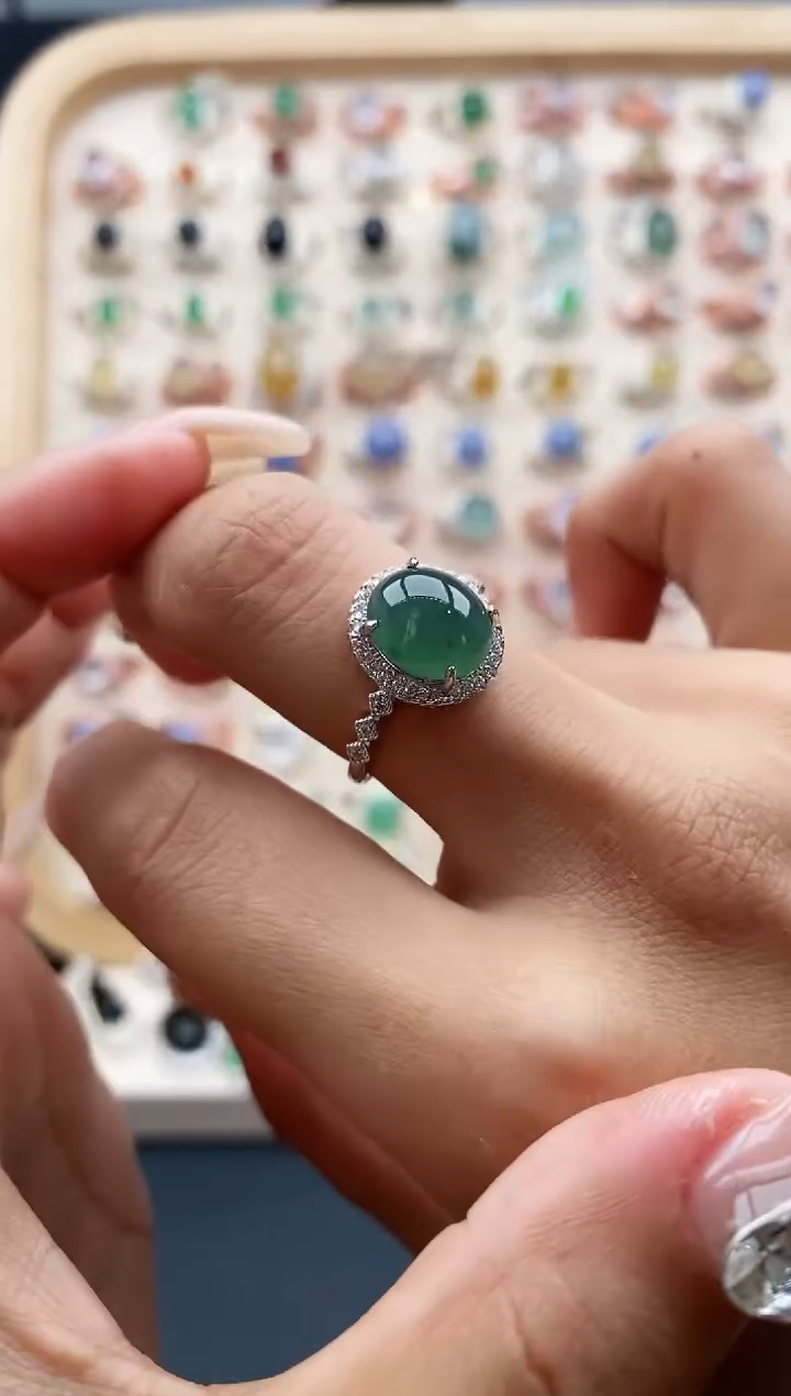 【闪购商品】翡翠戒指银S925镶嵌缅甸天然A货翡翠222  6+5