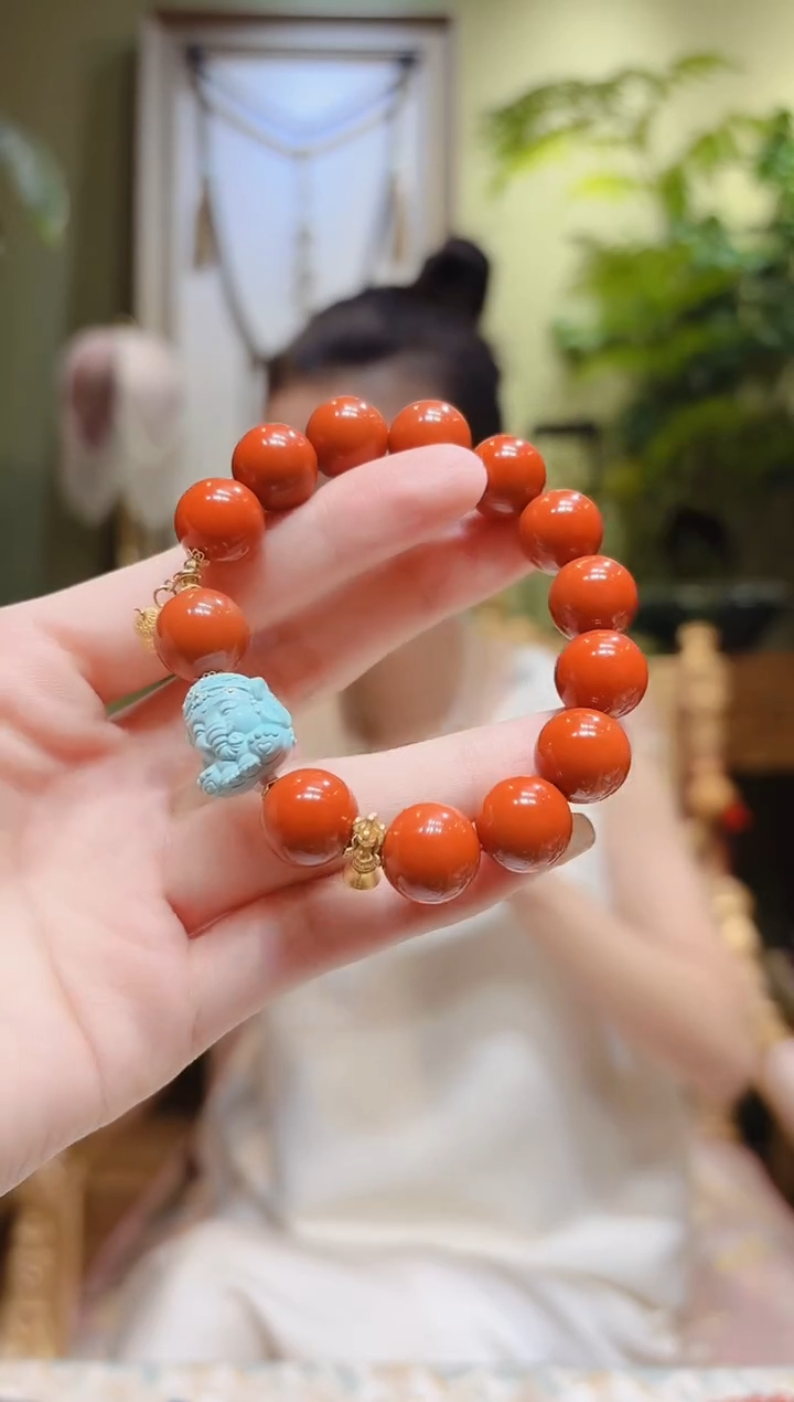 【闪购商品】南红玛瑙手串18K金镶嵌绿松象圆珠南红手串