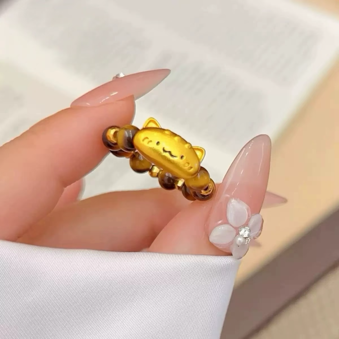 铜合金戒指 新中式复古猫咪虎眼石戒指蹦迪珠转运珠食指戒送女友