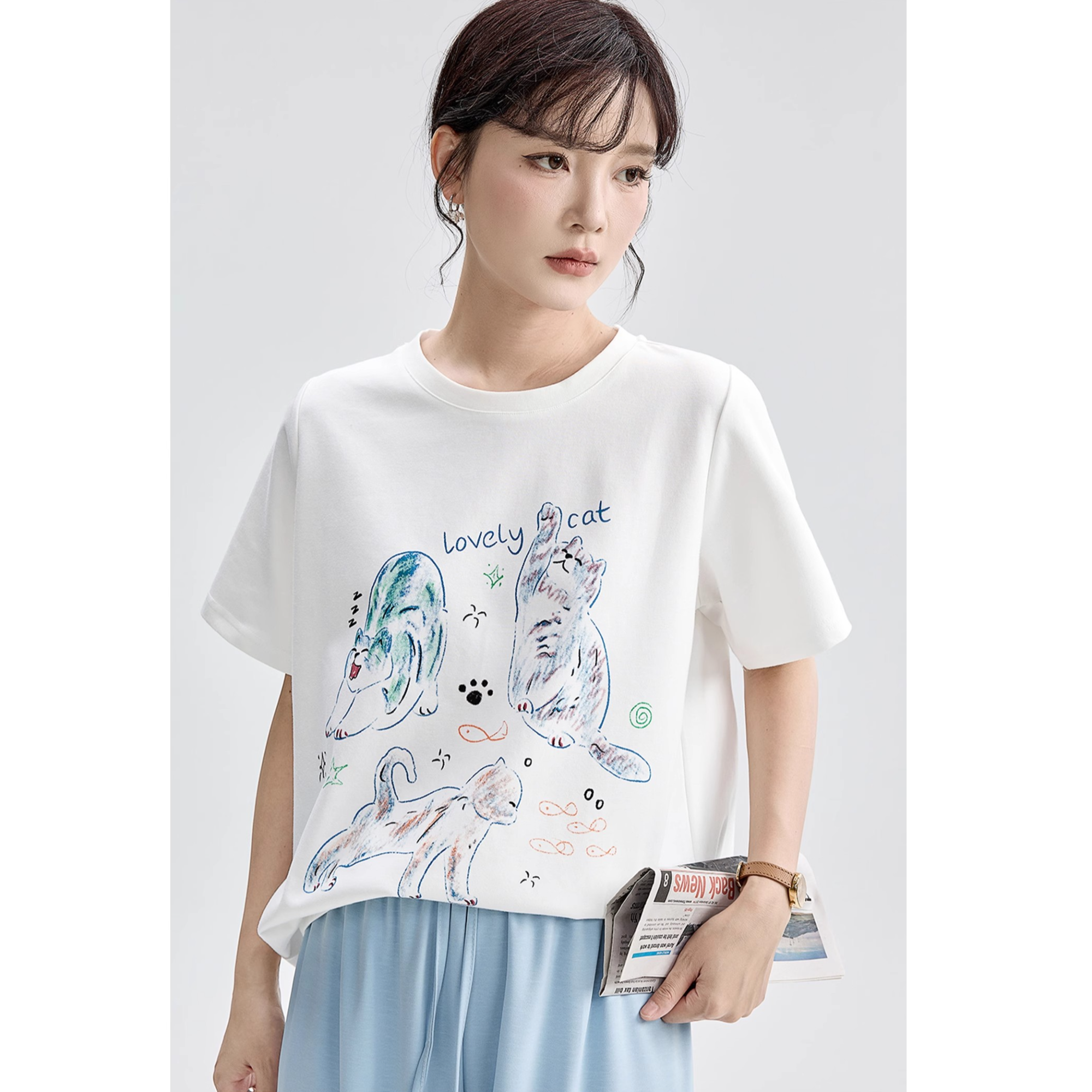 涂鸦印花白色短袖t恤女宽松显瘦休闲百搭圆领上衣G6262